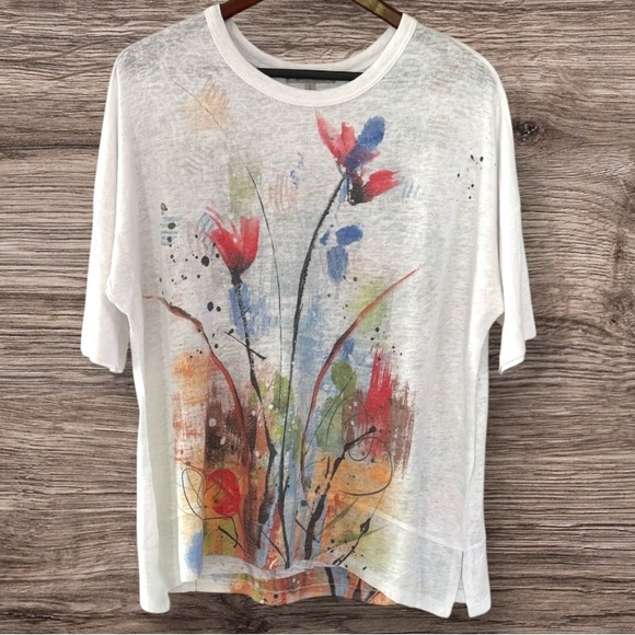 Jess & Jane Top Womens Large Flower Floral Short Sleeve Tunic Lightweight - Picture 1 of 12